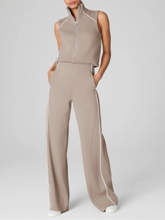 SPANX Pants - SPANX Taupe Sleeveless Wide-Leg Jumpsuit with White Side Stripe (1X Tall)